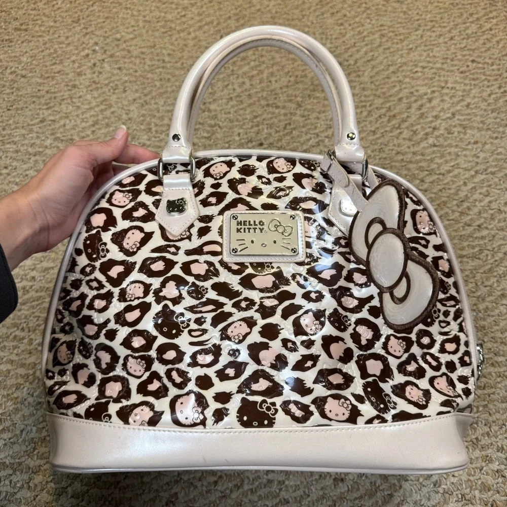 Hello Kitty Sanrio Leopard Print Patent Dome Satchel Handbag Light Pink Brown